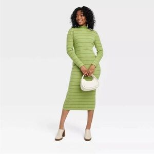 House of AAMA Knit Long Sleeved High Neck Striped Green Long Sleeve MIDI Dress